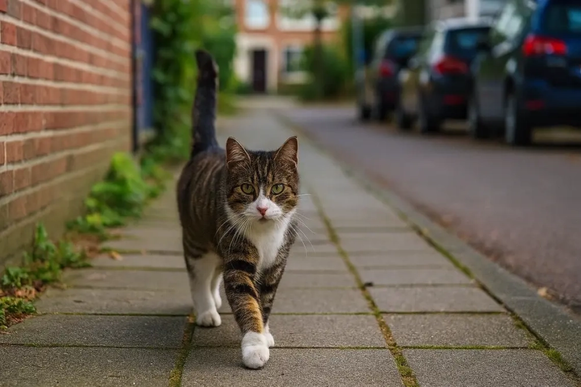 Een huiskat loopt zelfverzekerd over een trottoir in een rustige woonwijk in Noord-Holland, met huizen en geparkeerde auto's op de achtergrond. De kat kijkt recht in de camera, symbool voor haar herwonnen vrijheid.
